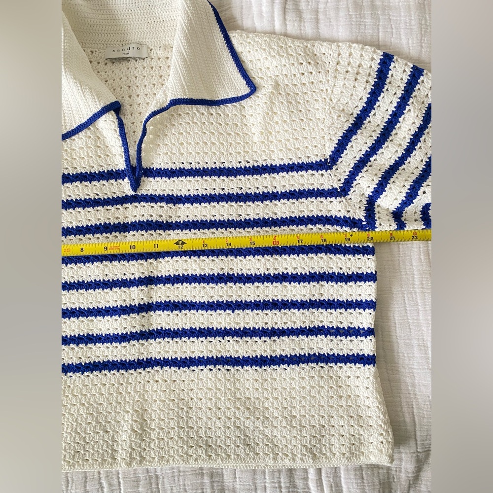 SANDRO Elise Stripe Crochet Cropped White Navy V-Neck Sweater Size Eu2/usM - Picture 8 of 12
